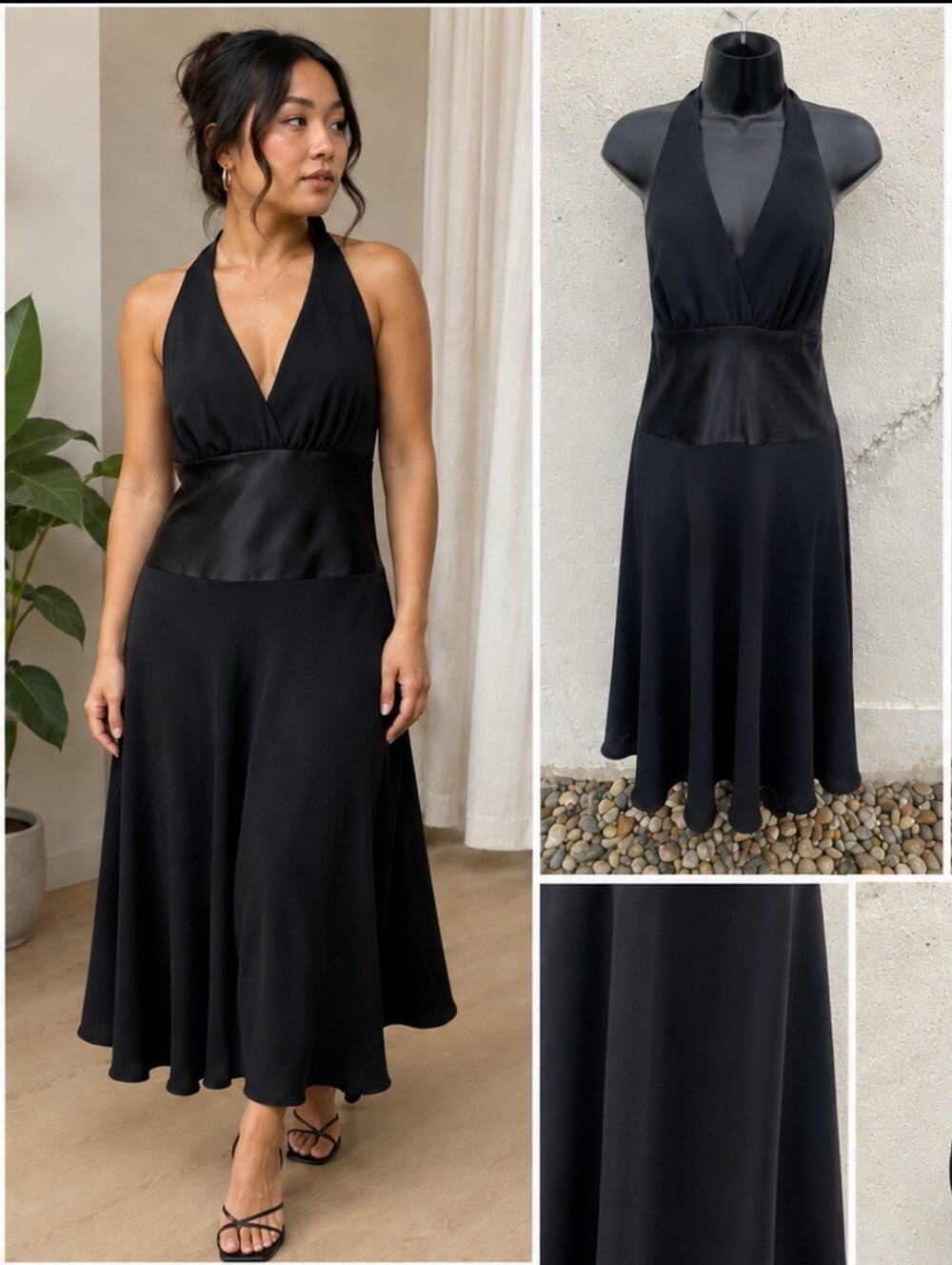 Vtg Y2K 2000s Jones New York Halter Fit-Flare Midi Dress 12 Black Satin Witchy